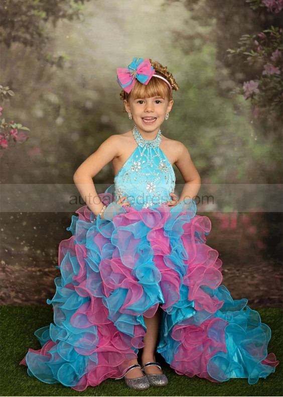 Halter Beaded Satin Organza High Low Flower Girl Dress